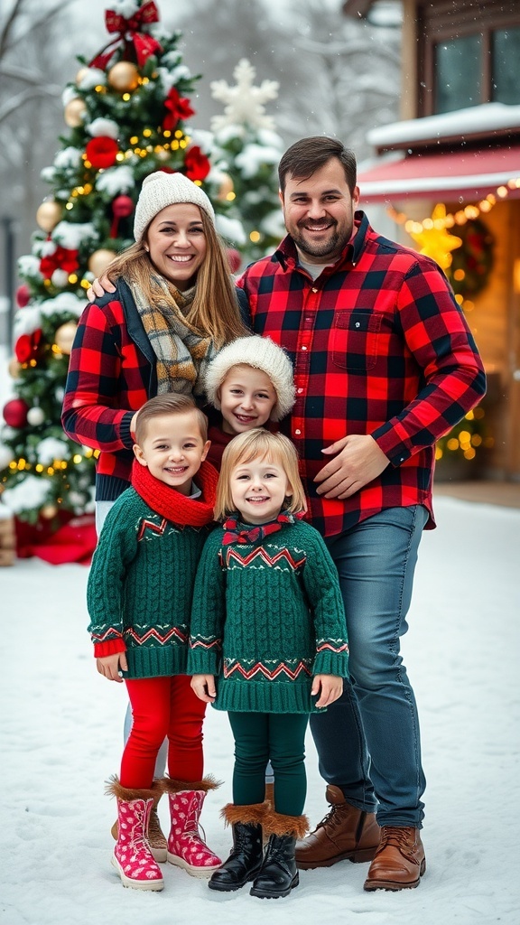 A happy family in coordinated Christmas outfits posing in a winter setting with a decorated tree.